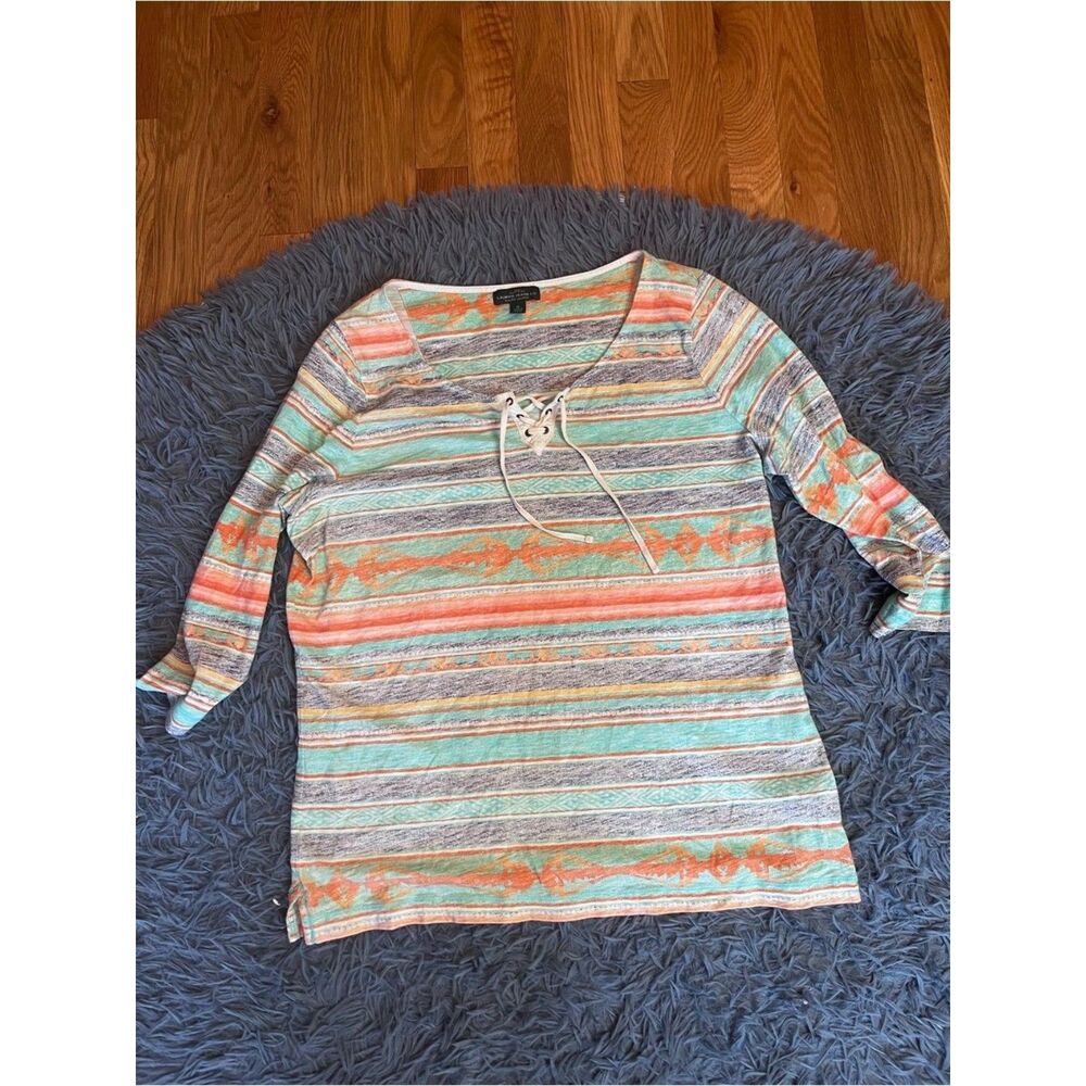 LRL Ralph Lauren Lace-Up Top Multicolor Stripe Western Boho Size 1X